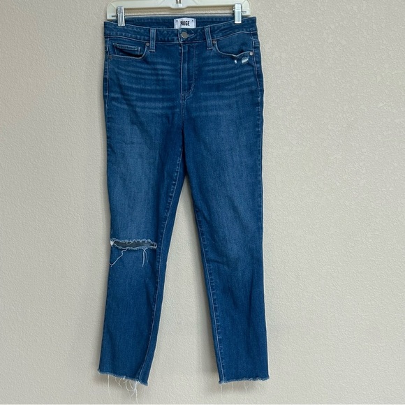 PAIGE Hoxton Slim Jeans Women’s 29 Distressed Dark Wash Denim High Rise Stretch - Picture 1 of 7